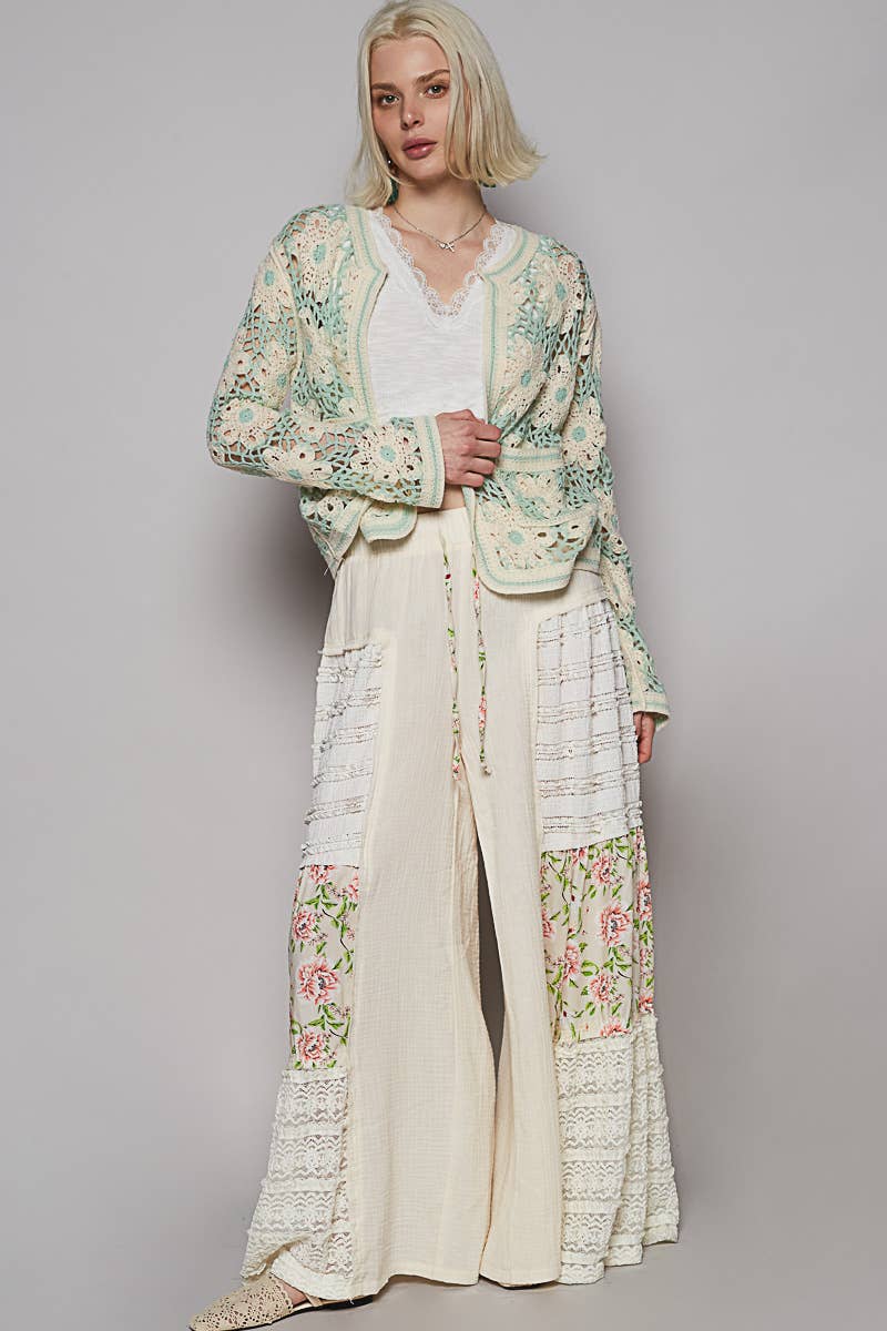 Round neck long sleeve cropped crochet cardigan