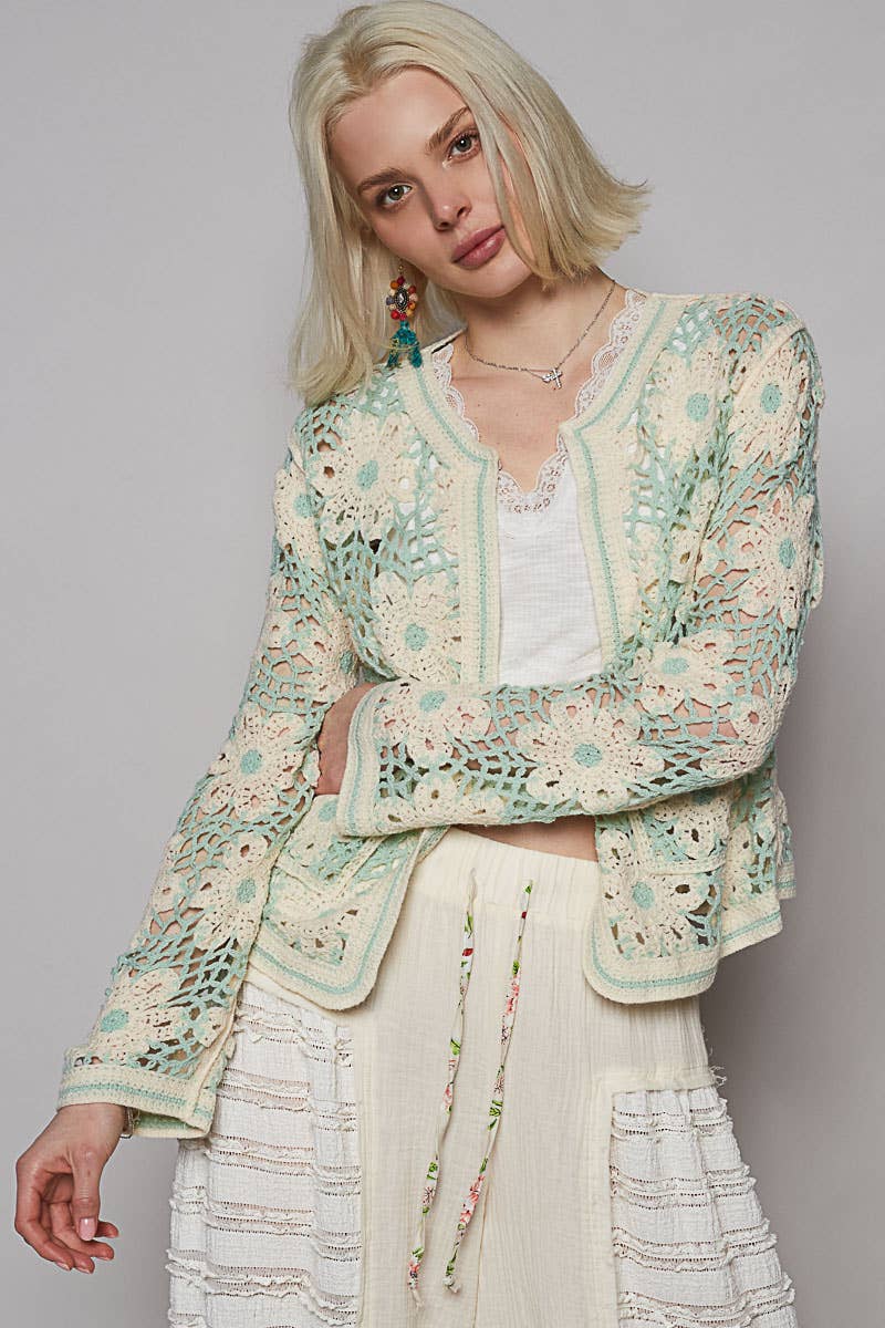 Round neck long sleeve cropped crochet cardigan