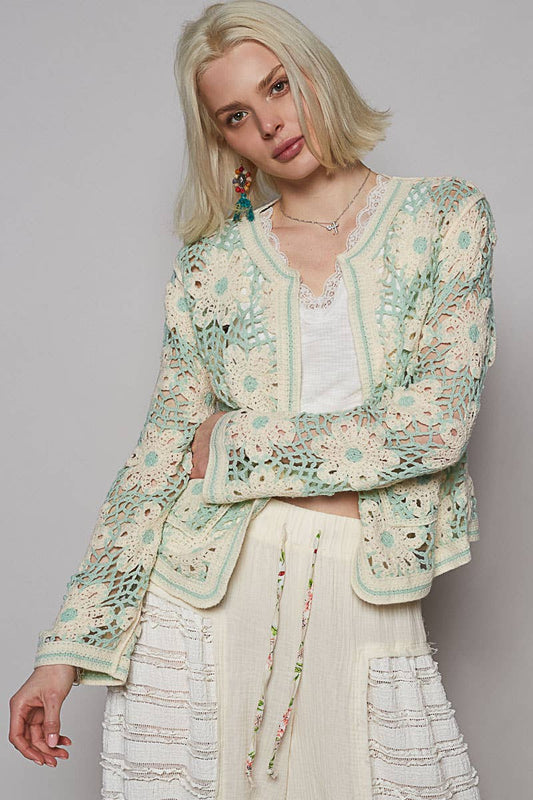 Round neck long sleeve cropped crochet cardigan