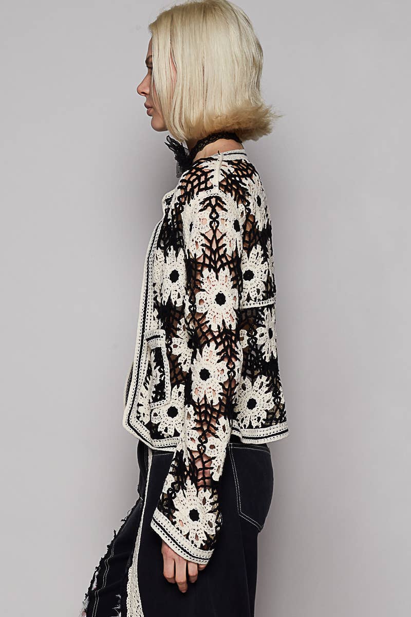 Round neck long sleeve cropped crochet cardigan