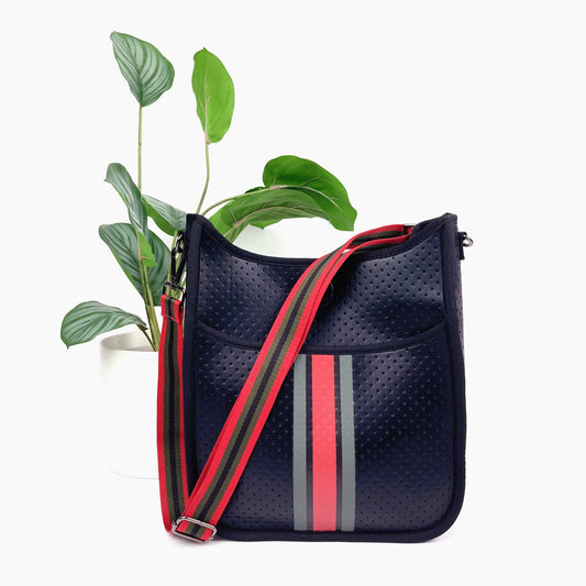 The Isabella Courier Crossbody - Black with Red Stripe
