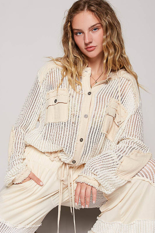 Open knit button down pocket front hooded shirt top