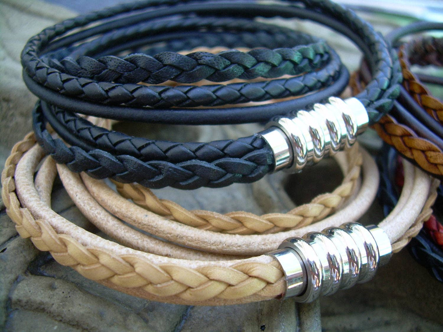 Mens Leather Bracelet|Stainless Steel Magnetic Clasp Double Wrap Bracelet