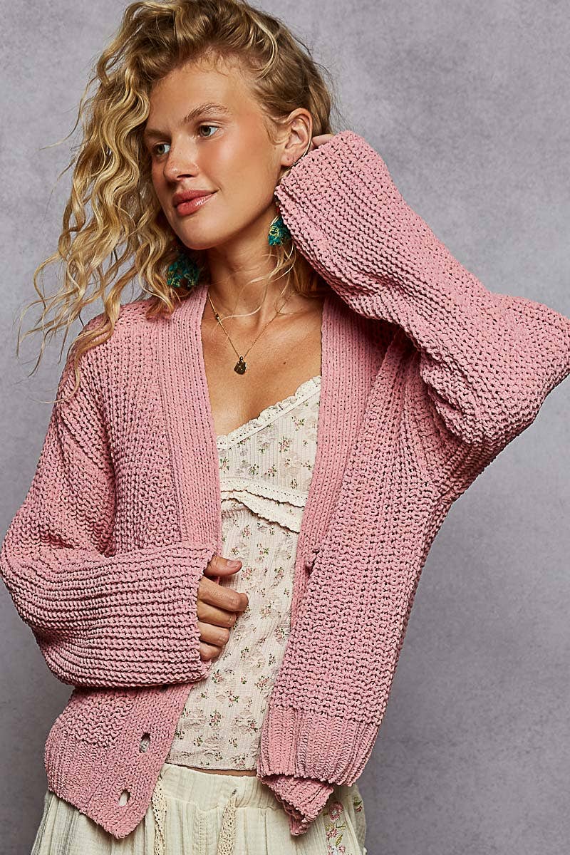 Long sleeve exaggerated button sweater cardigan top