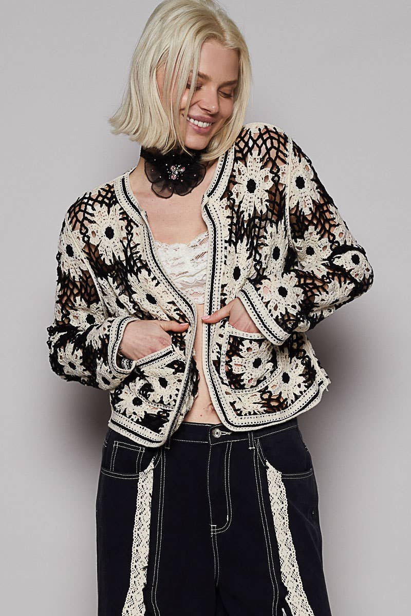 Round neck long sleeve cropped crochet cardigan