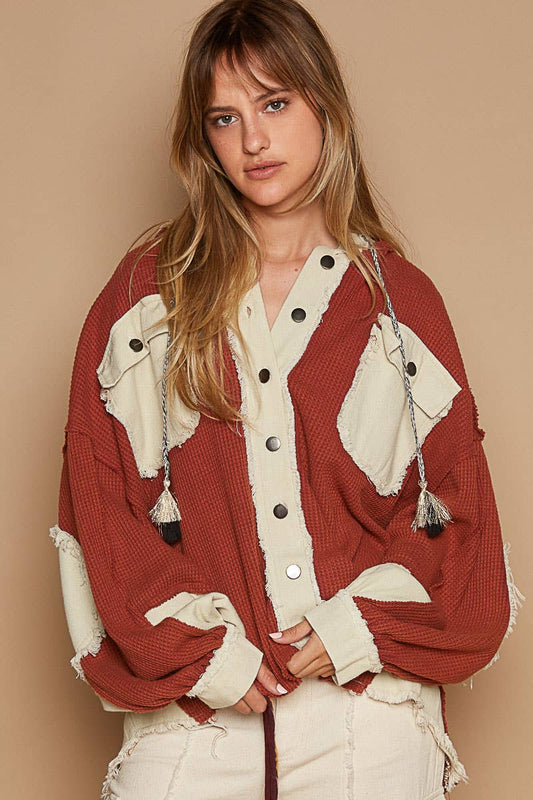 Balloon sleeve front pockets denim contrast jacket