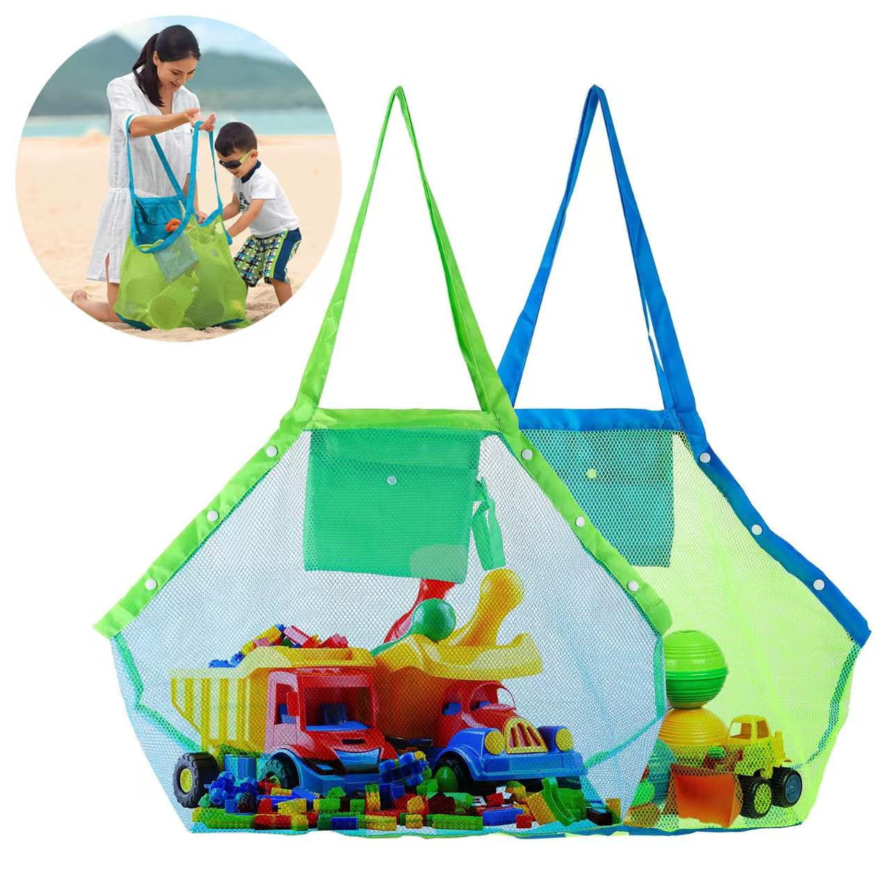 Mesh Beach Bags ,2Pcs Nylon Kid Toy Totes Foldable Lightweight Bag for Toys(Blue)