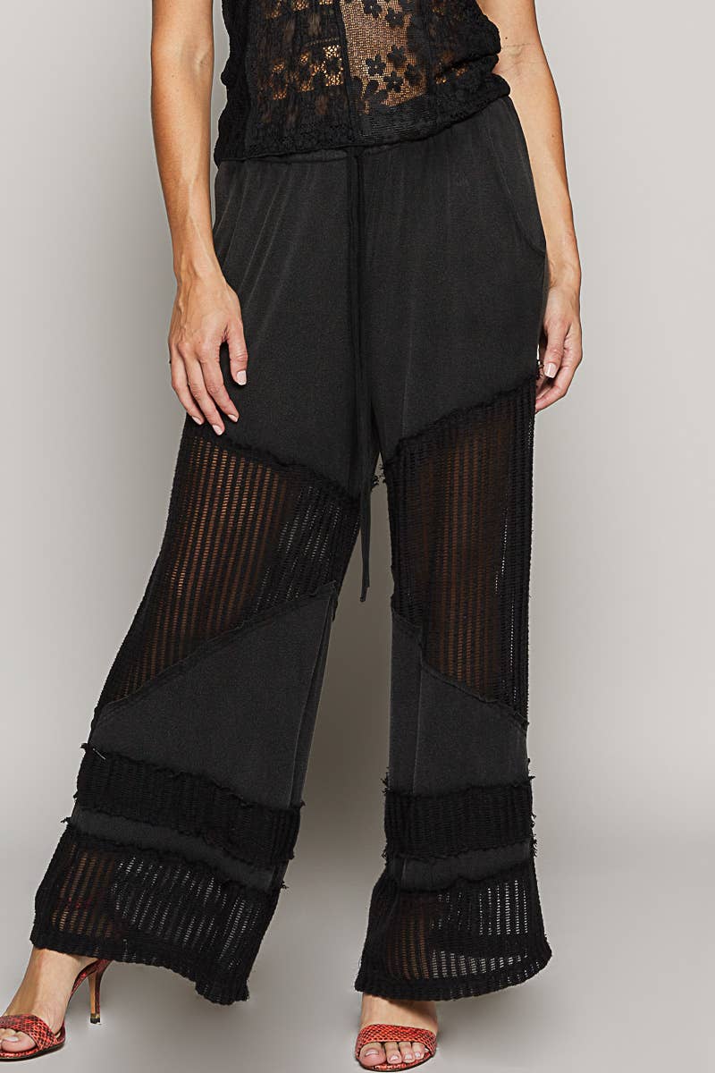 Contrast see through elastic waist knit culottes pants