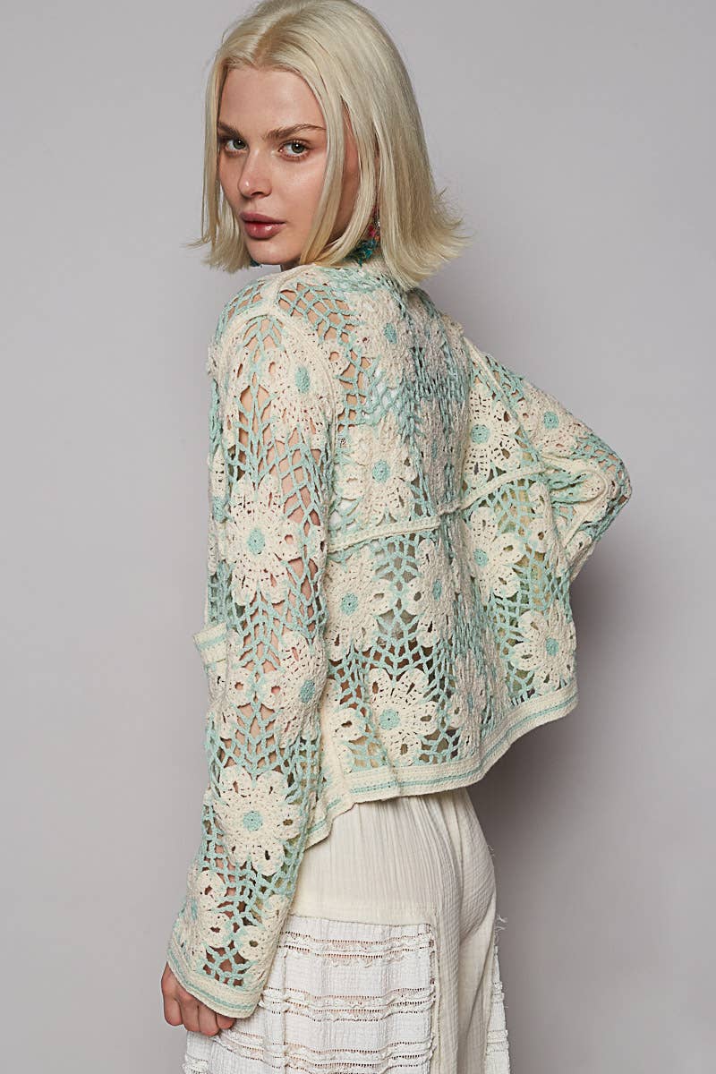 Round neck long sleeve cropped crochet cardigan