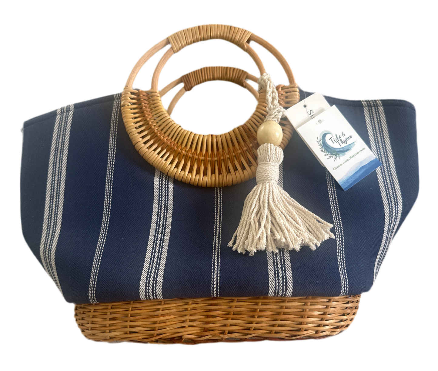 Blue & Straw Tote Bag with Zipper Closure
