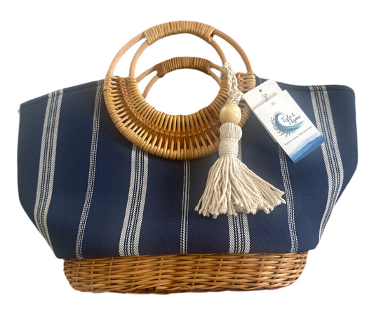 Blue & Straw Tote Bag with Zipper Closure