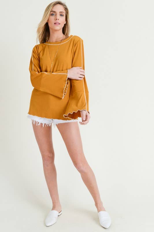Ribbed Long Sleeve Frilled Edge Top - 9423T