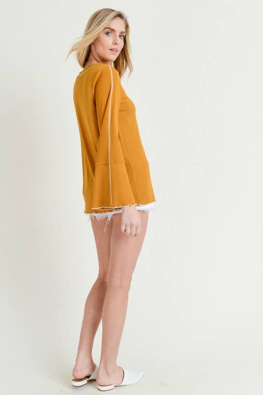 Ribbed Long Sleeve Frilled Edge Top - 9423T