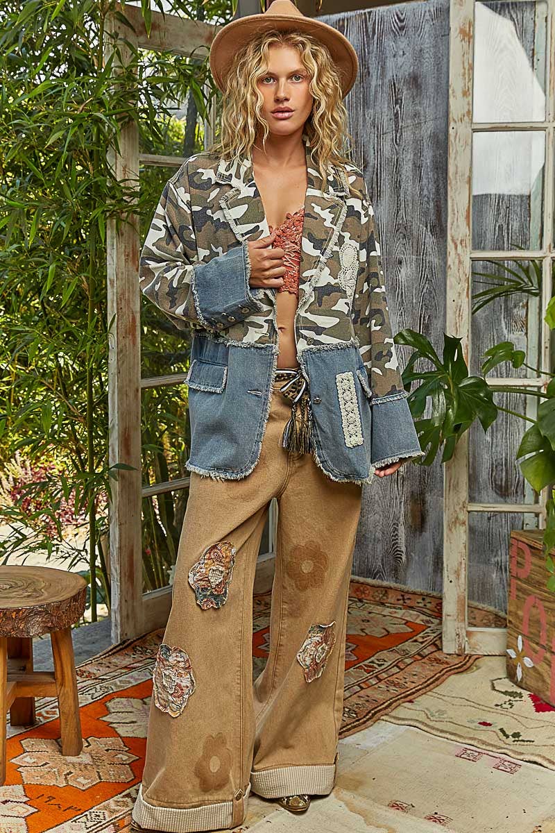 V-neck long sleeve crochet patch printed twill woven jacket