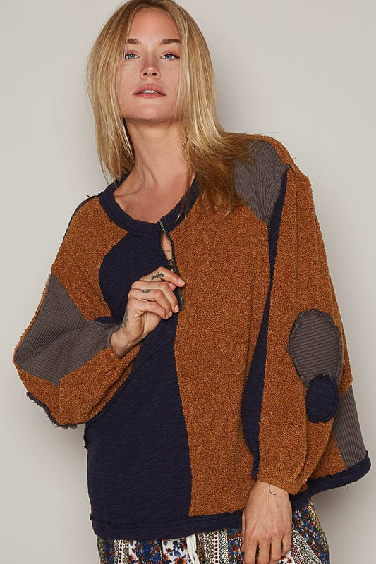 1/2 zipper round neck front pouch pocket sweater top