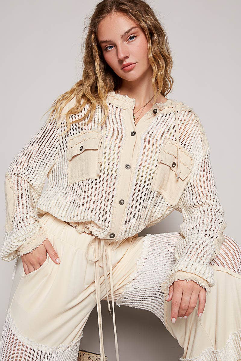 Open knit button down pocket front hooded shirt top