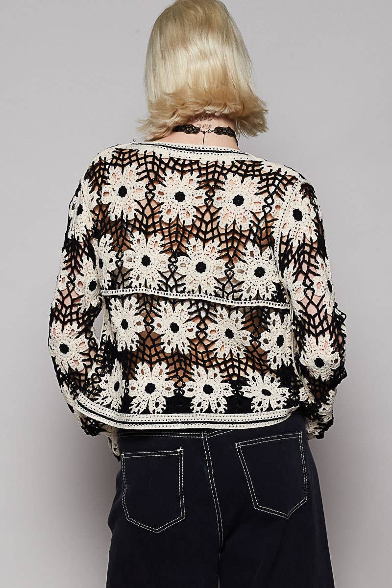 Round neck long sleeve cropped crochet cardigan