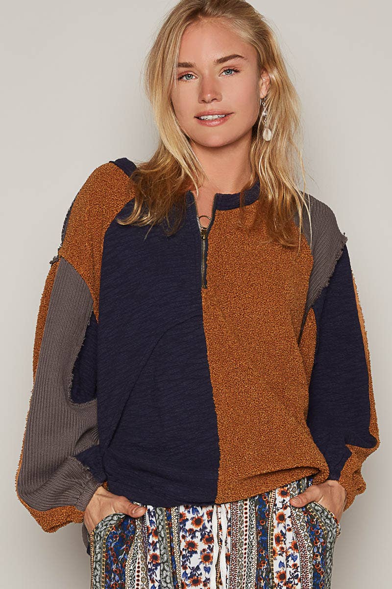 1/2 zipper round neck front pouch pocket sweater top