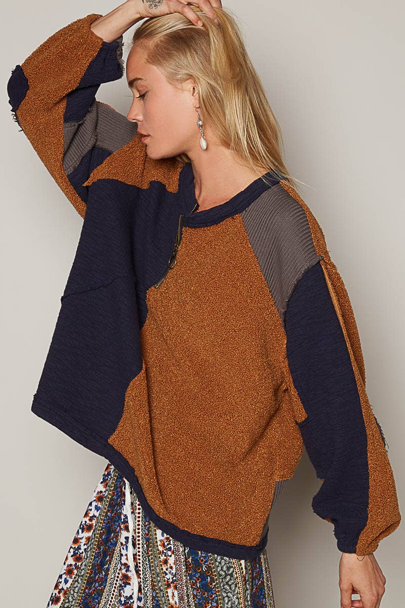 1/2 zipper round neck front pouch pocket sweater top