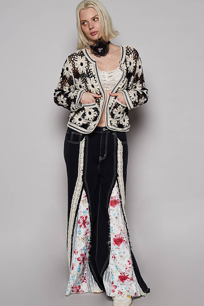 Round neck long sleeve cropped crochet cardigan