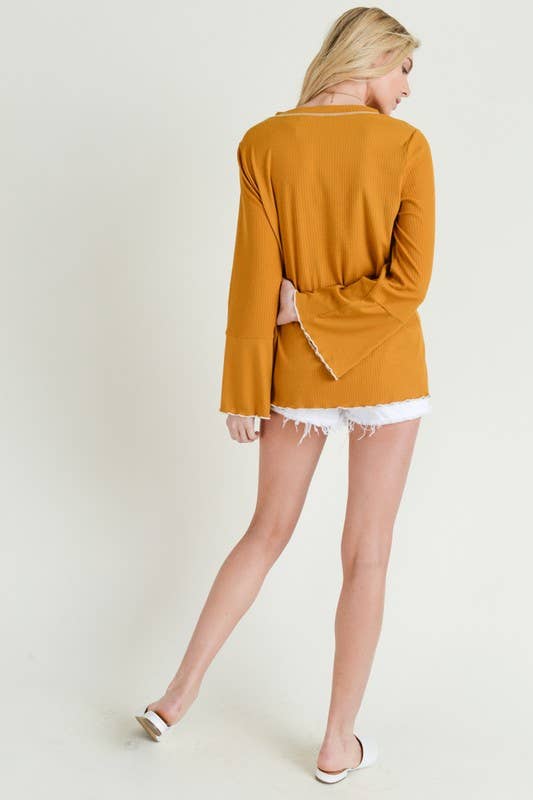 Ribbed Long Sleeve Frilled Edge Top - 9423T