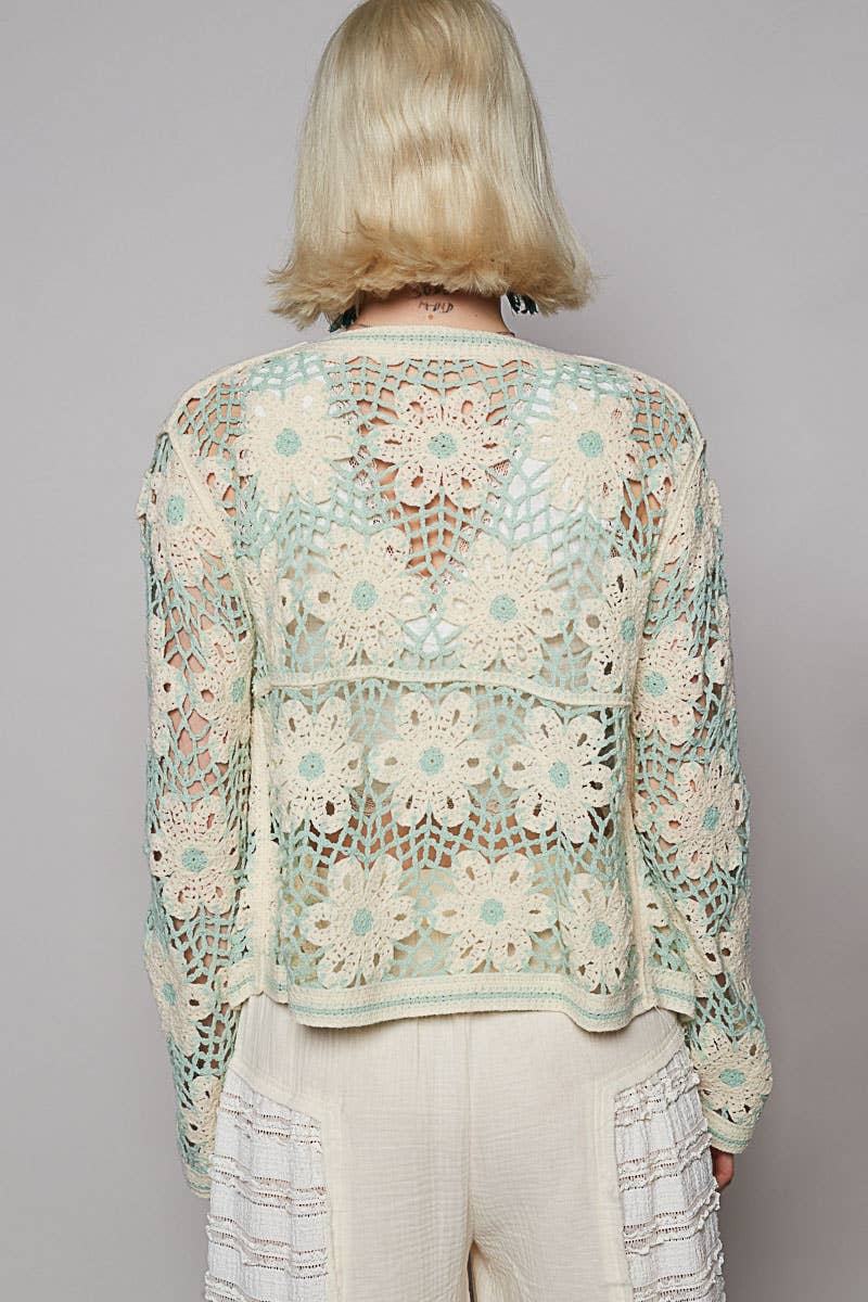 Round neck long sleeve cropped crochet cardigan