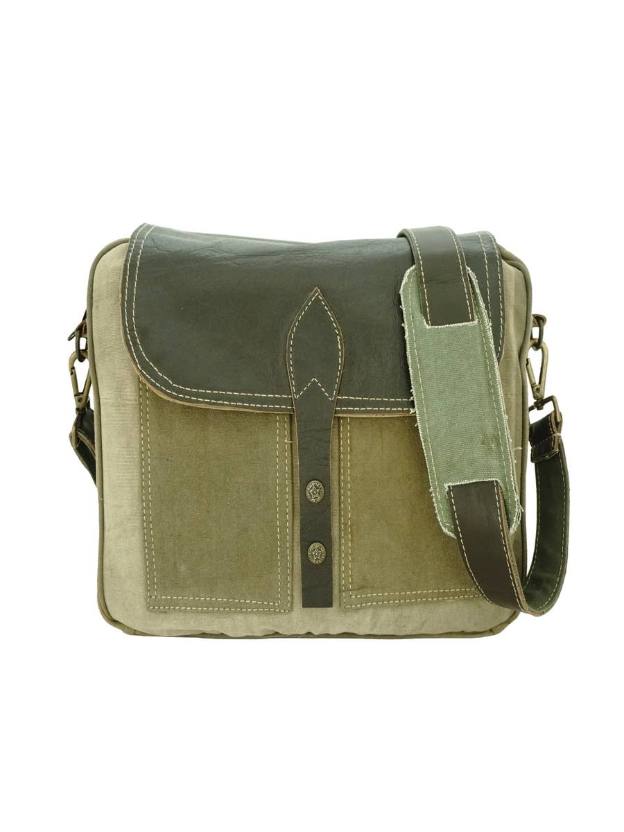 Leather and Recycled Military Tent Laptop Bag