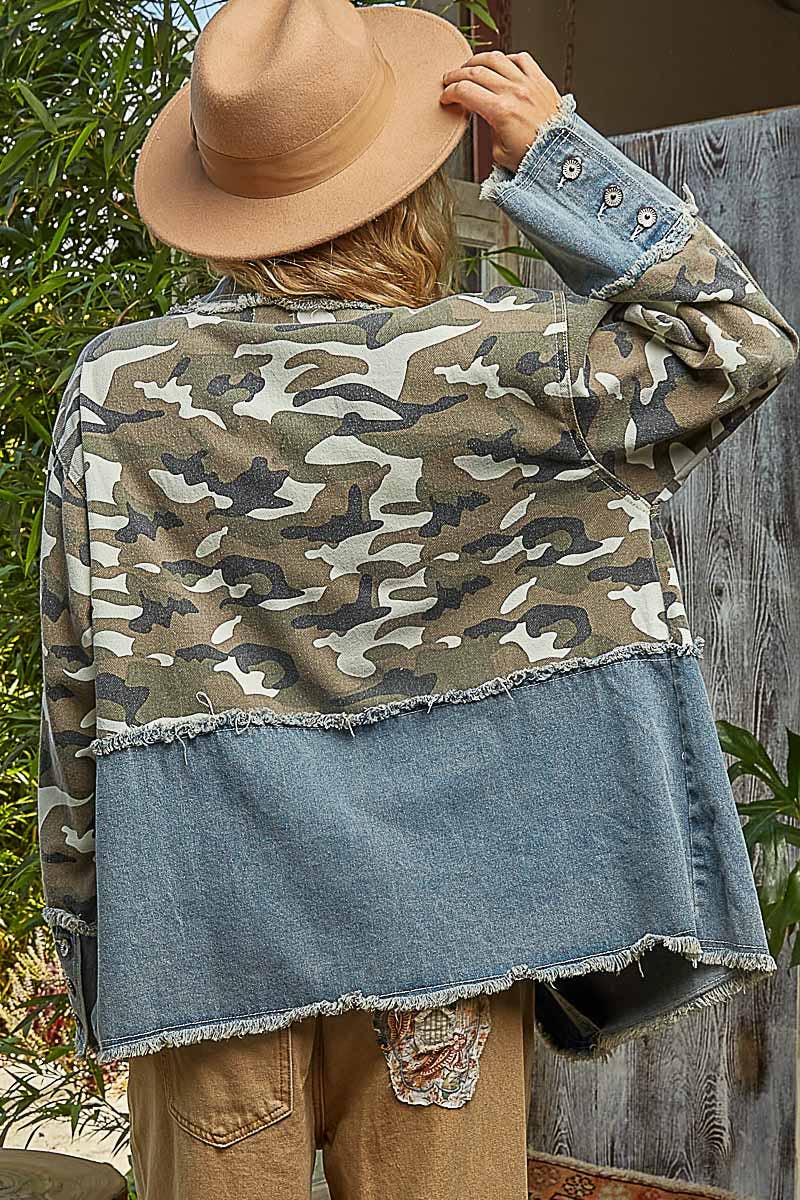 V-neck long sleeve crochet patch printed twill woven jacket