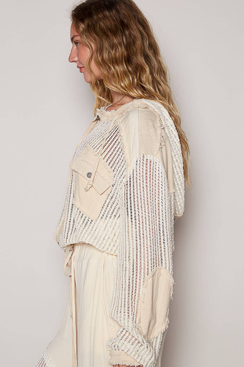 Open knit button down pocket front hooded shirt top