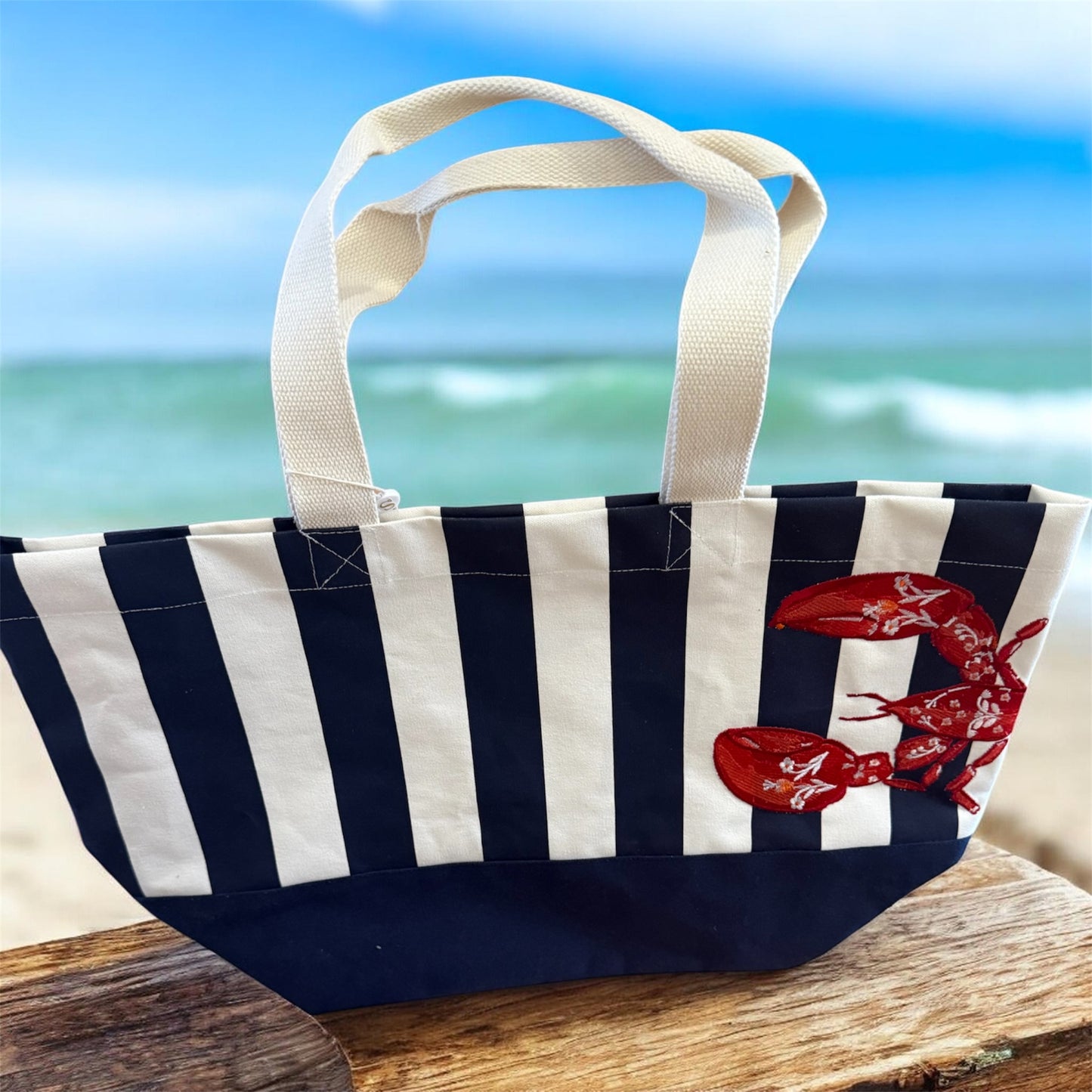 Canvas Striped Beach Tote -Lobster