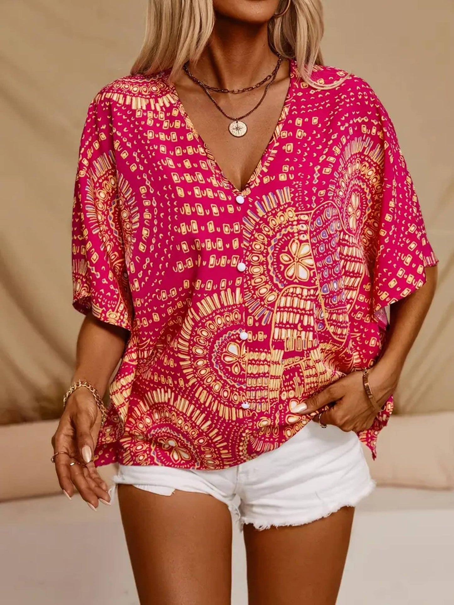 V-neck Printed Bat Sleeve Top