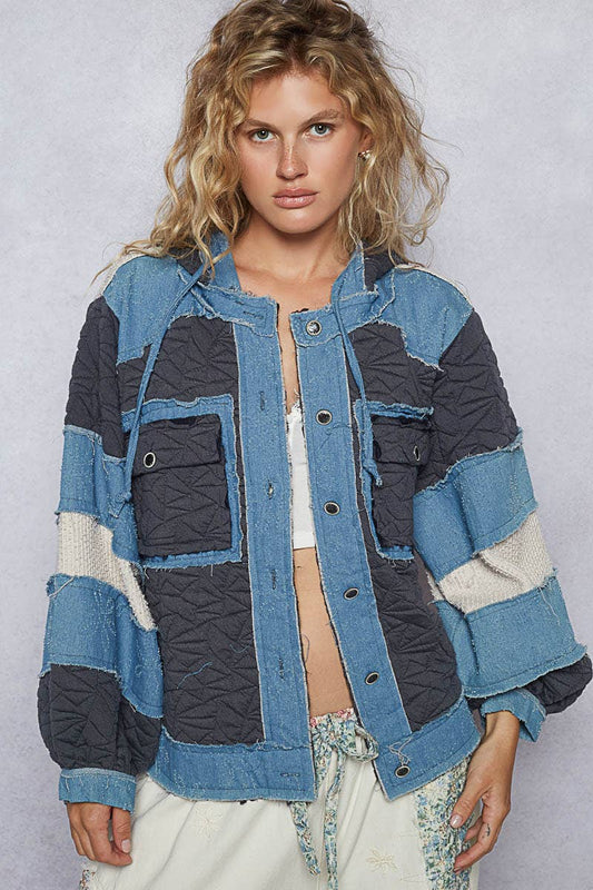 Oversize vintage wash color block quilted jacket