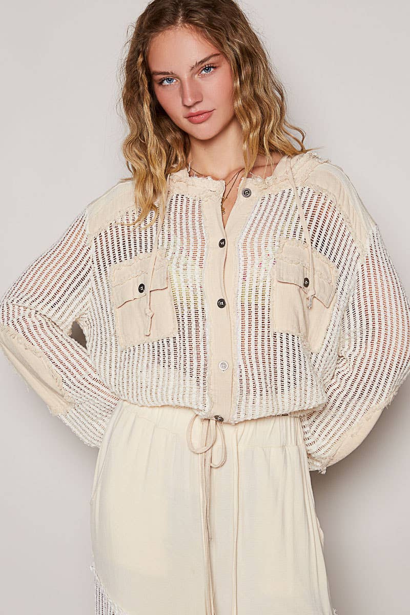 Open knit button down pocket front hooded shirt top
