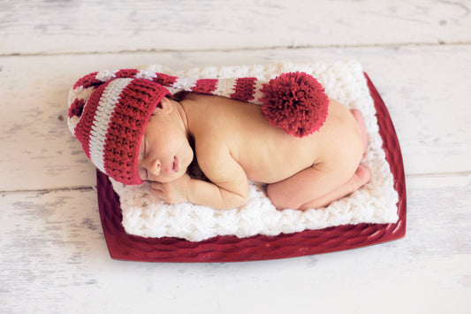Red/White Pom Pom Crocheted Handmade Heirloom Baby Hat