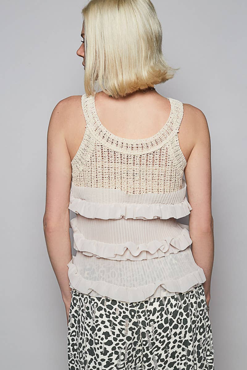 Round neck sleeveless ruffle detail crochet top