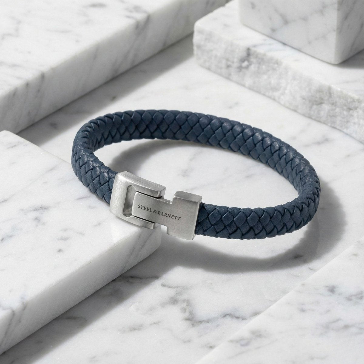 Denim Jeans Blue Braided Leather Men's Bracelet - STEEL & BARNETT