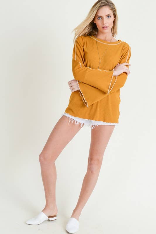 Ribbed Long Sleeve Frilled Edge Top - 9423T