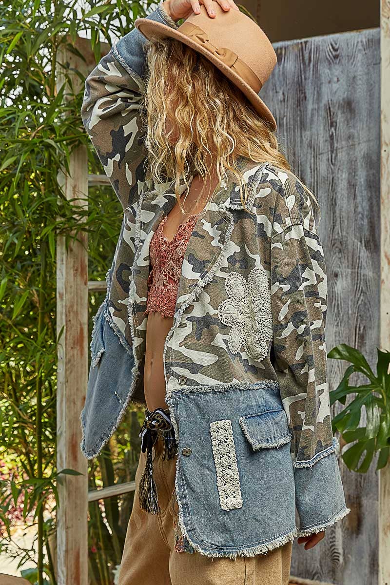 V-neck long sleeve crochet patch printed twill woven jacket