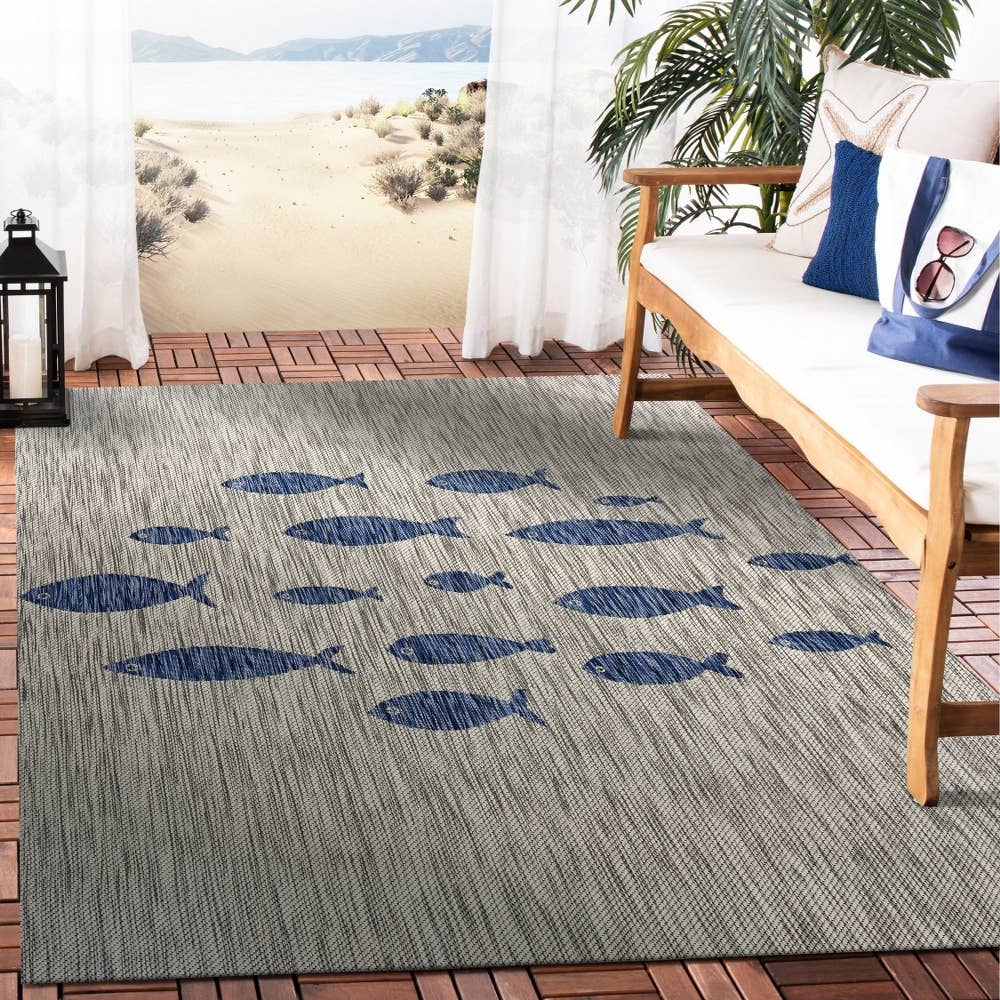Navy/ Gray Coastal Fish Indoor/ Outdoor Area Rug