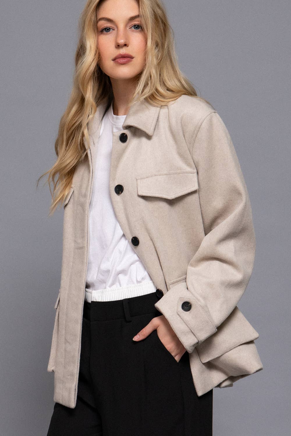 Long Sleeve Front Concealed Button with Flap Soft Felt Coat