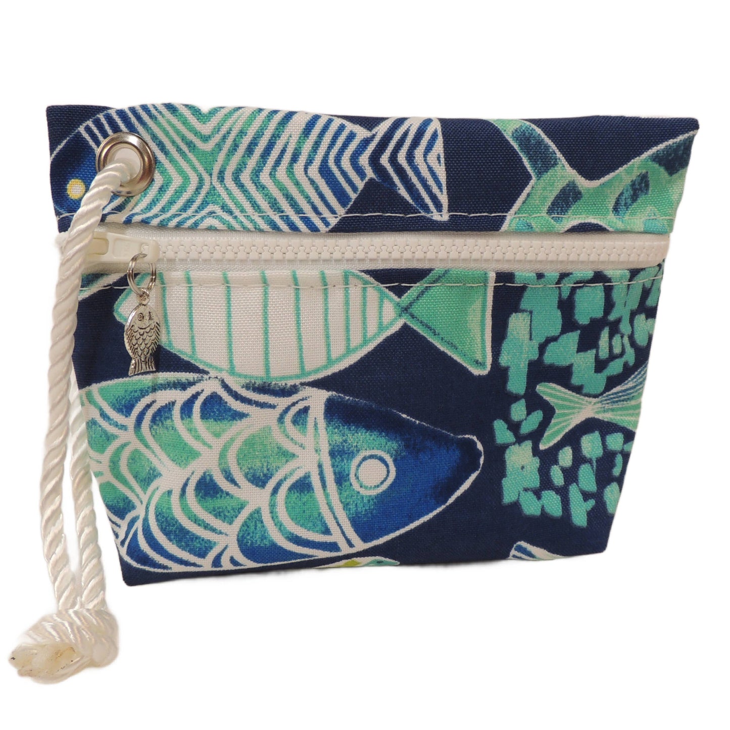 Wristlet Purse, Fish on Navy Outdoor Fabric