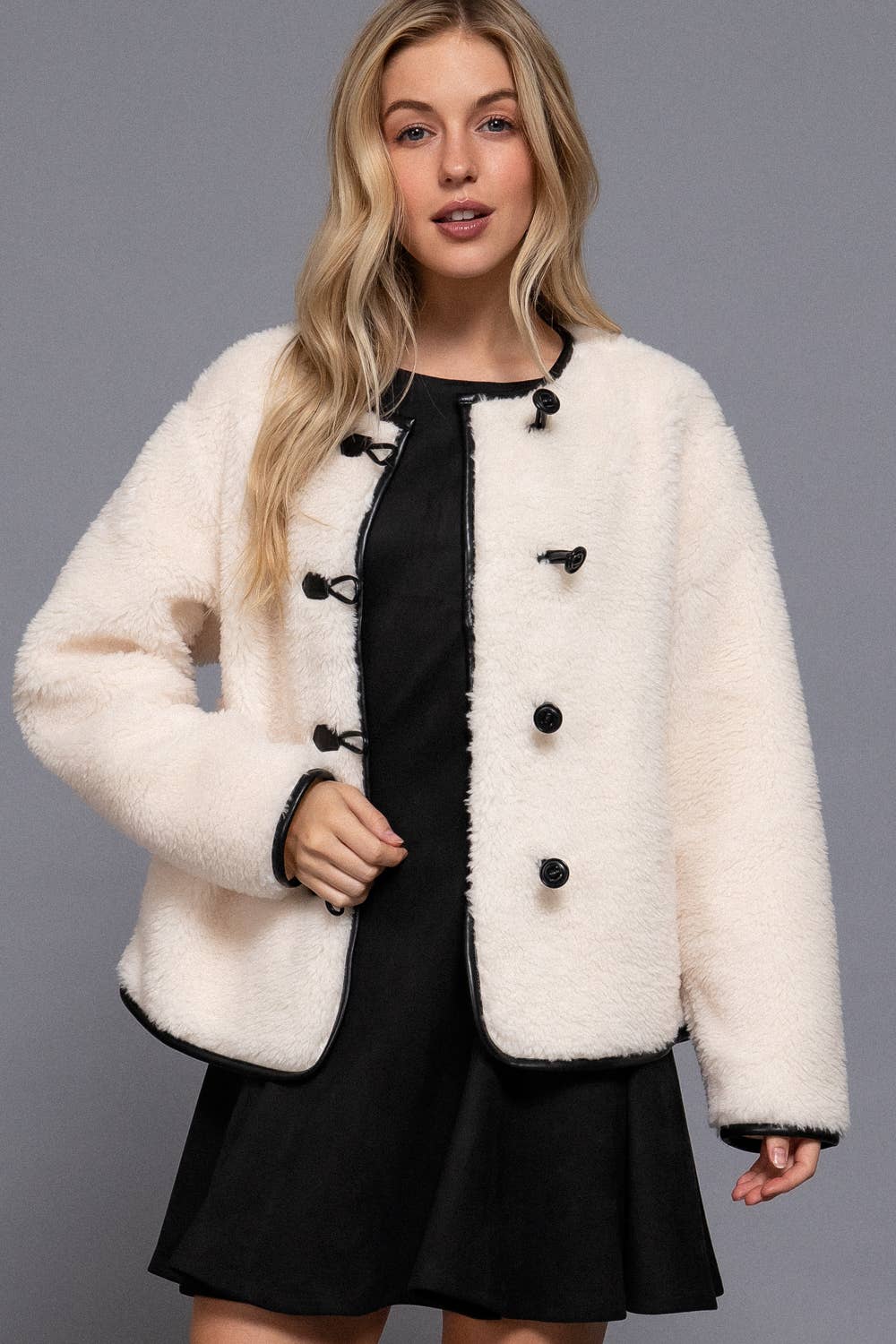 Long Sleeve Crew Neck with Toggle Look Button Fluffy Jacket