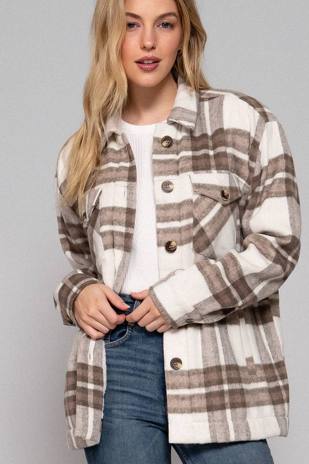 Long Sleeve Inside Faux Fur Brushed Plaid Jacket