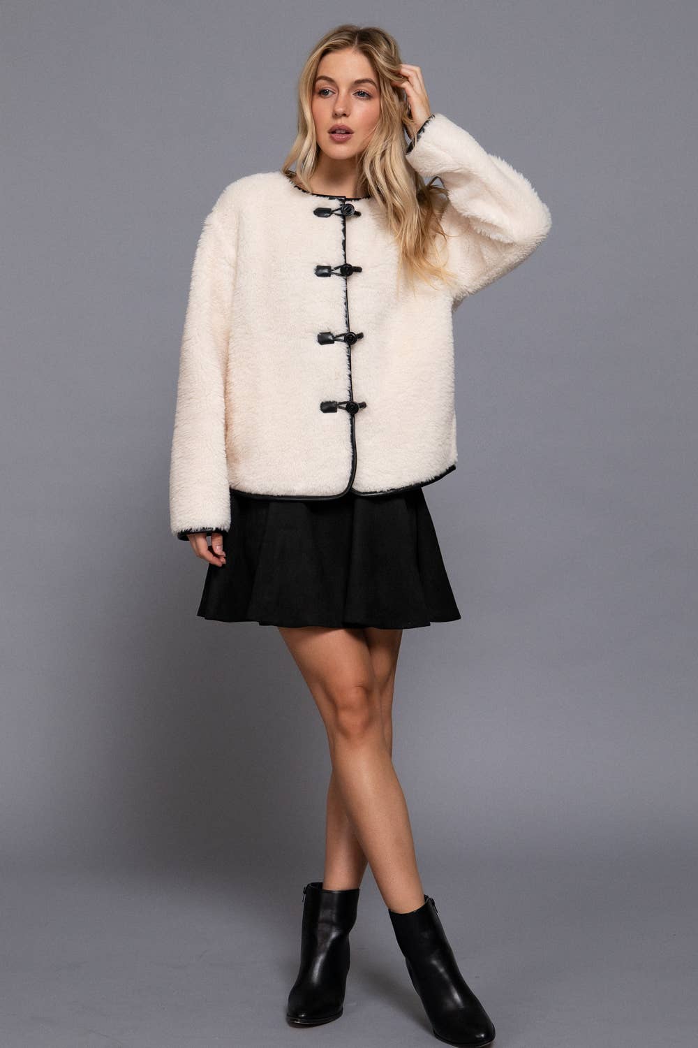 Long Sleeve Crew Neck with Toggle Look Button Fluffy Jacket