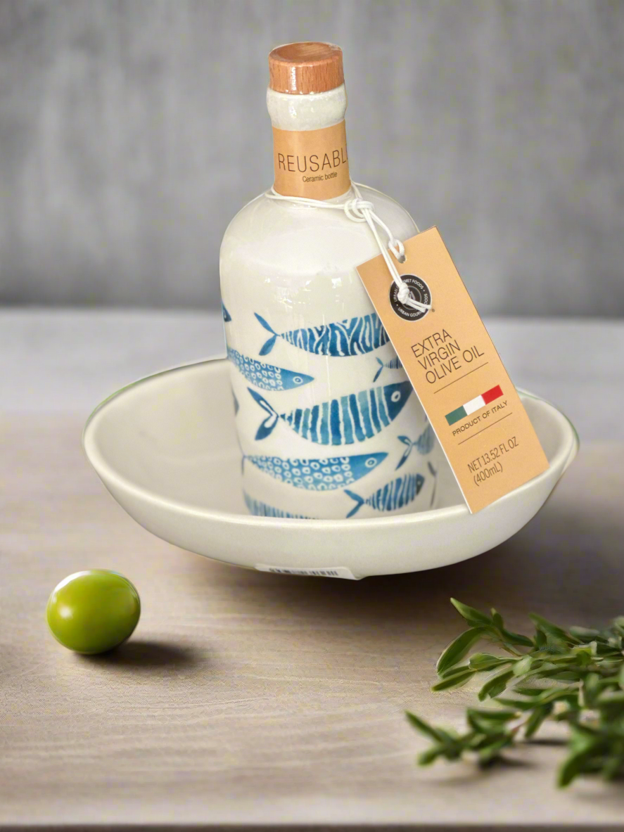 Reusable Ceramic Fish Olive Oil Container with Matching Bowl
