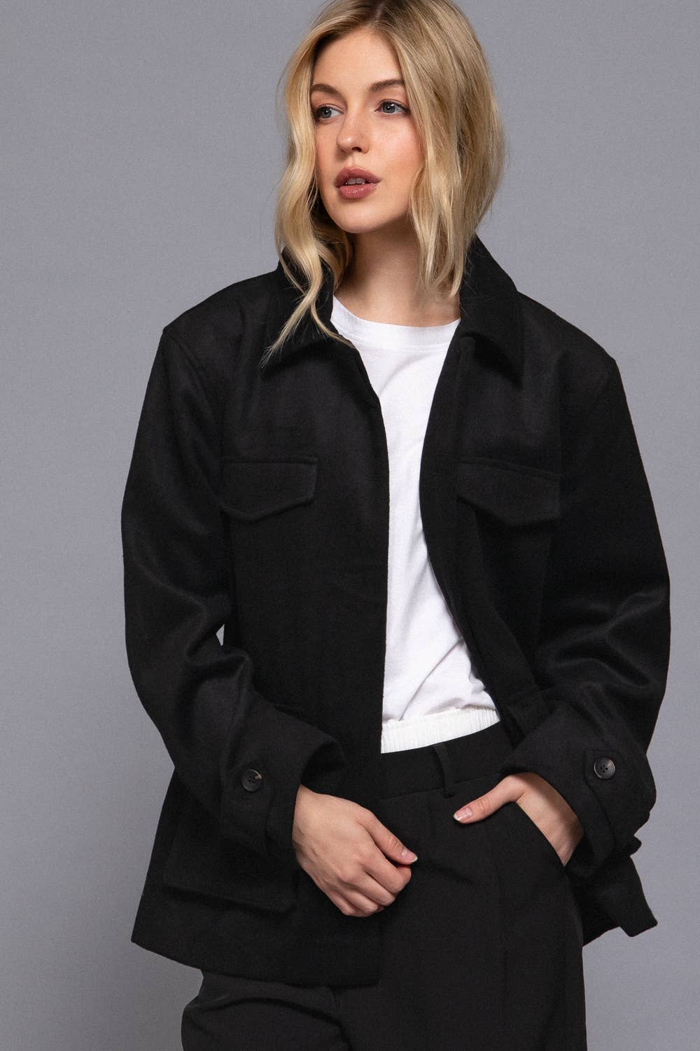 Long Sleeve Front Concealed Button with Flap Soft Felt Coat