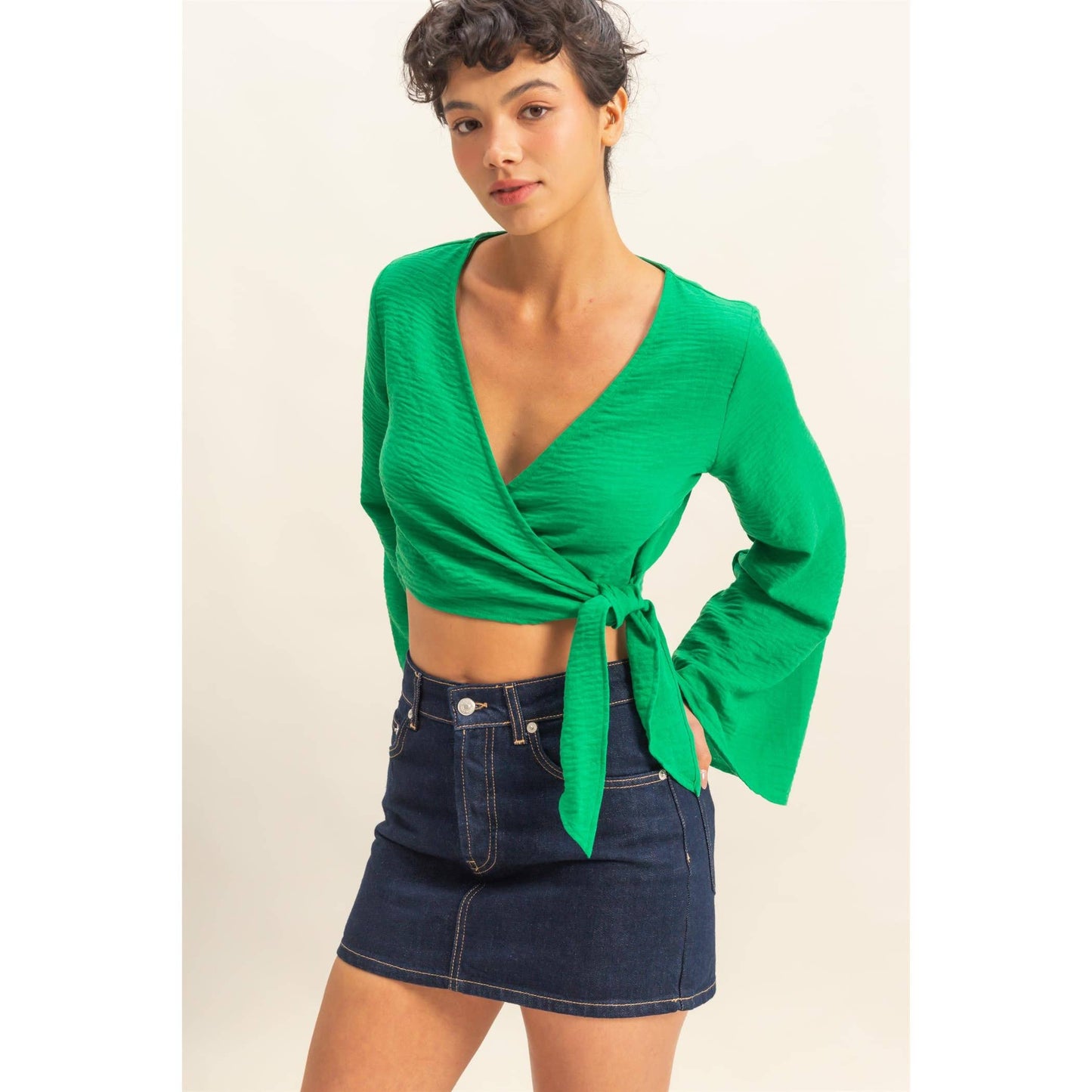 Crinkle Woven Wrap Style Cropped Blouse