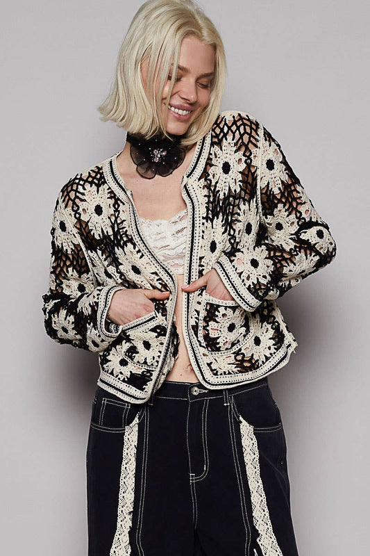 Round neck long sleeve cropped crochet cardigan