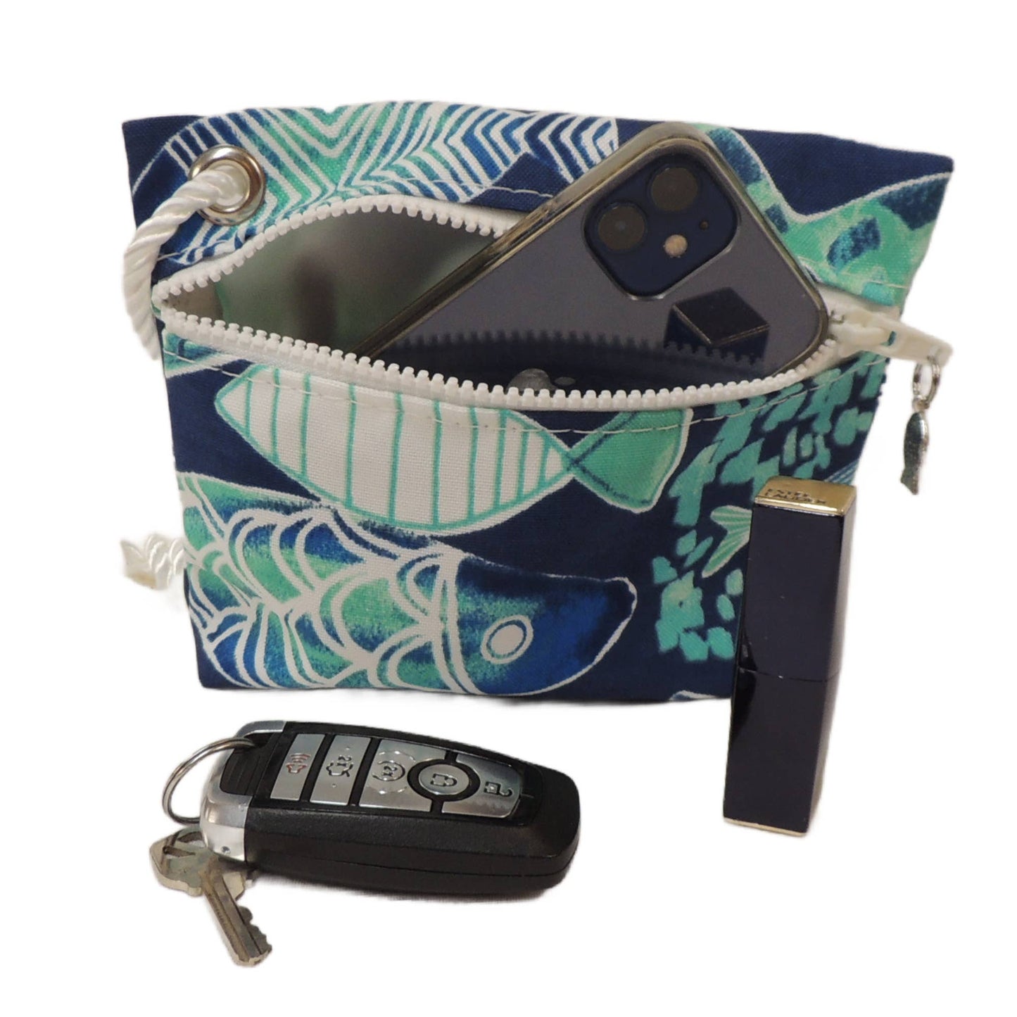 Wristlet Purse, Fish on Navy Outdoor Fabric