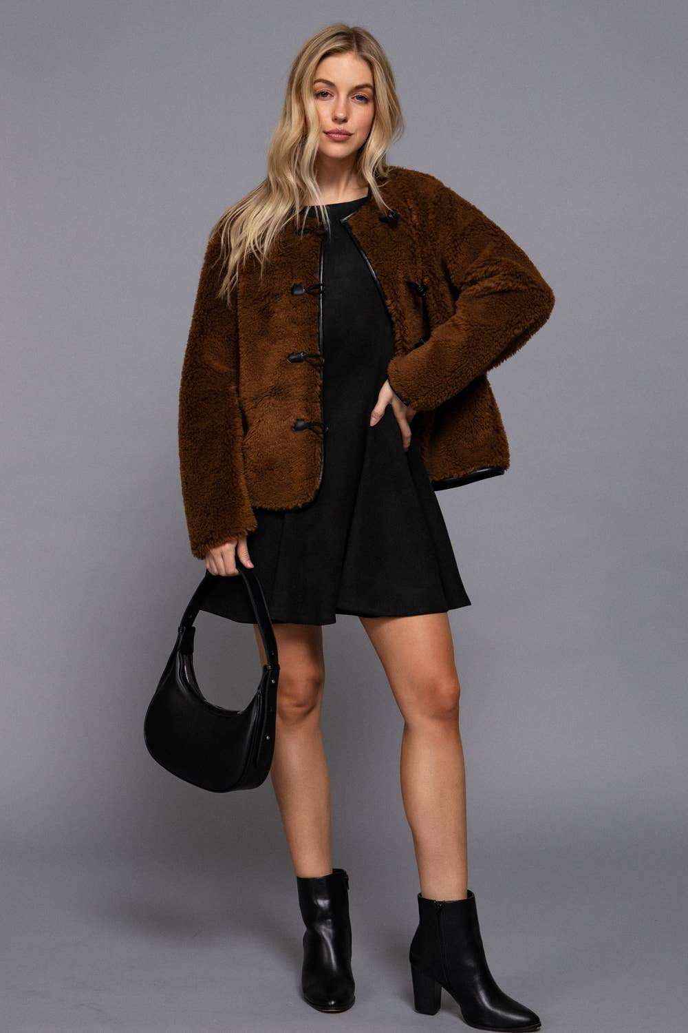Long Sleeve Crew Neck with Toggle Look Button Fluffy Jacket